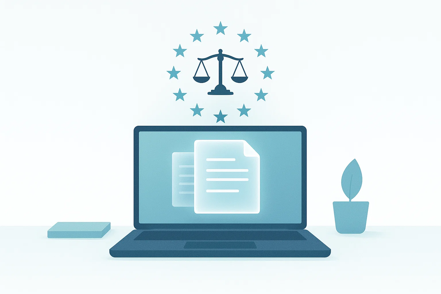 Stylizovaný notebook s digitálním dokumentem a pečetí