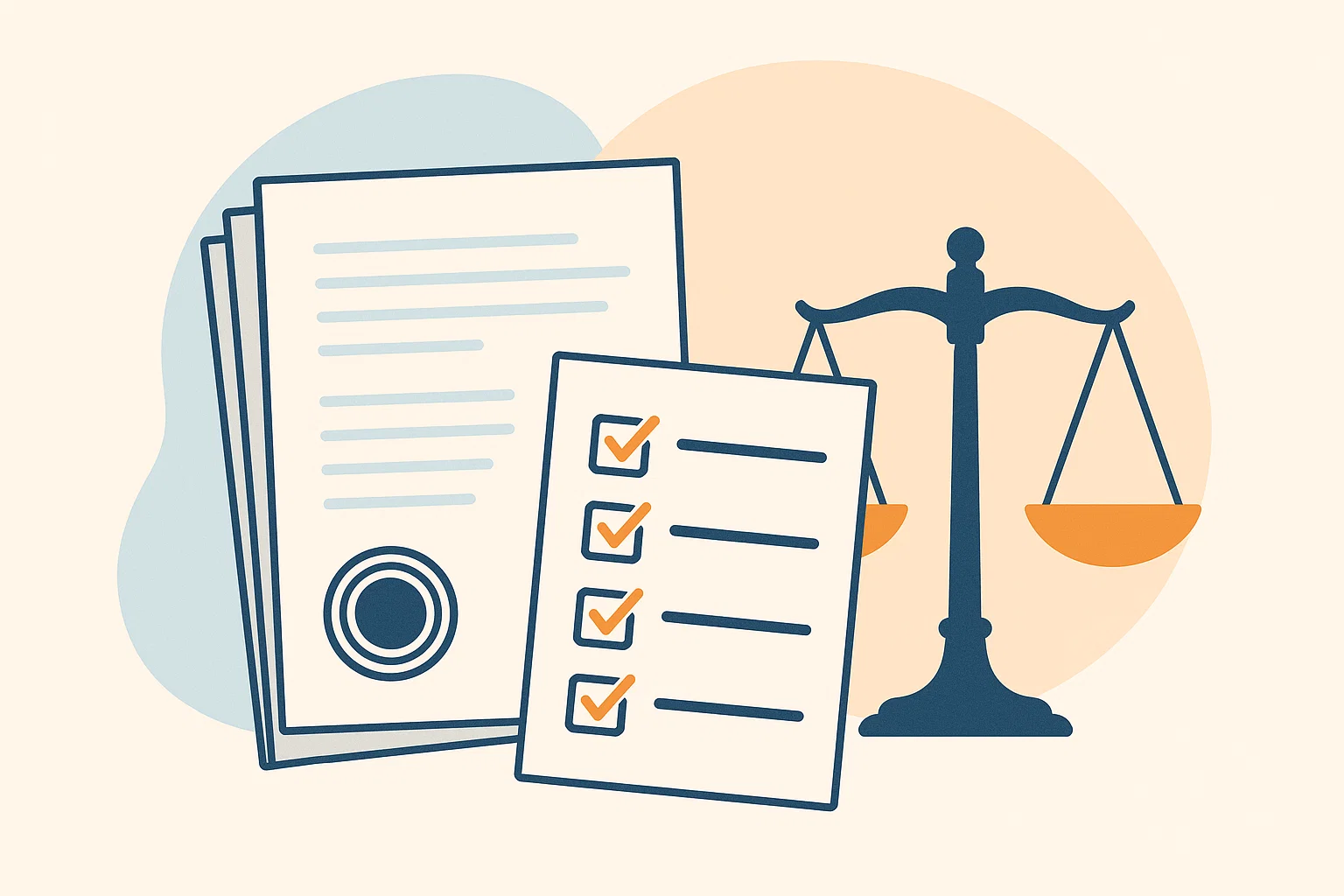 Ilustrace dokumentů s razítkem apostily a vahami spravedlnosti